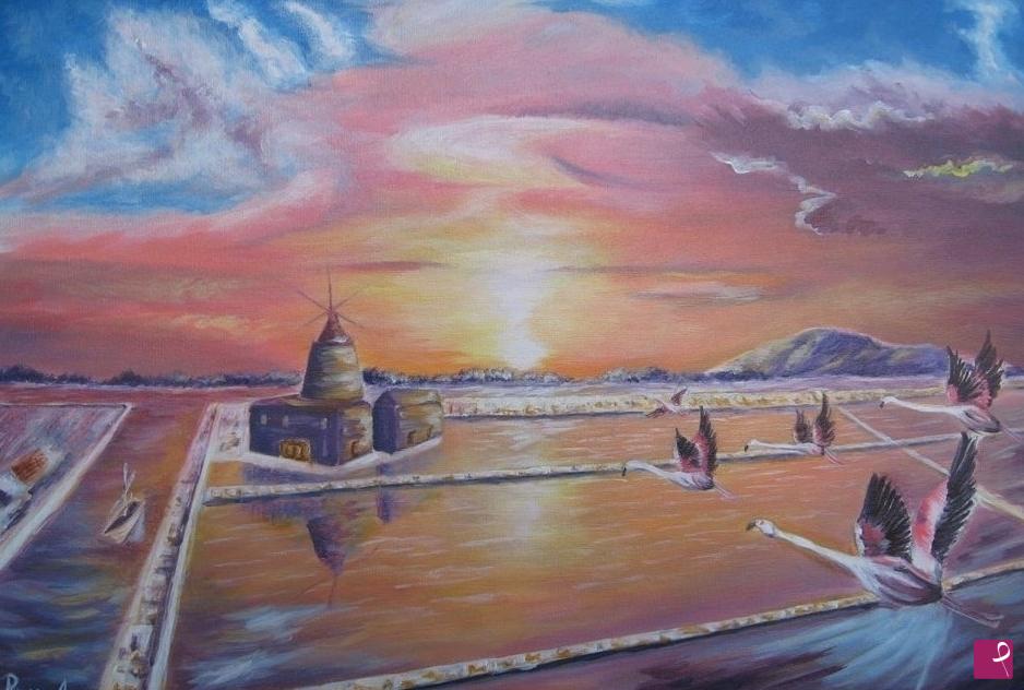 quadri in vendita online - SALINE ALTE DI MARSALA CON FENICOTTERI IN VOLO 