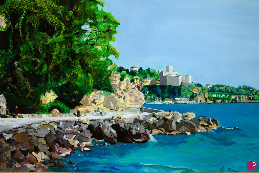quadri in vendita online - Santerenzo (la caletta) con vista su Lerici (il castello)