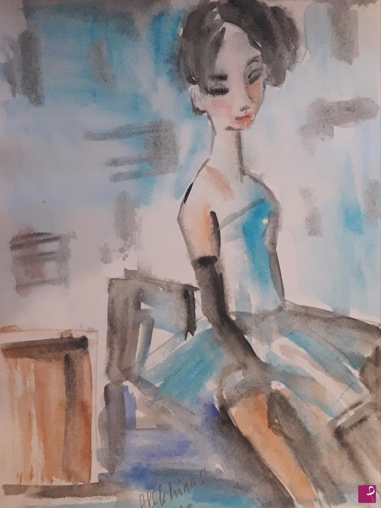 quadri in vendita online - Schizzo. La ragazza in vestito blu
