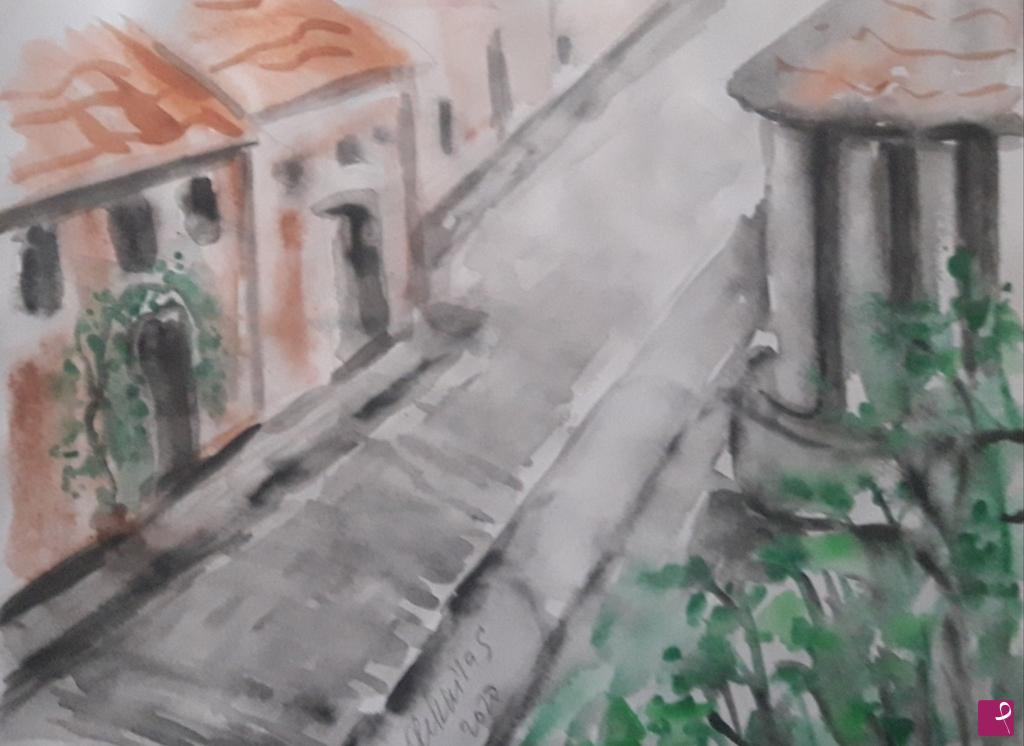 quadri in vendita online - Schizzo. Paesaggio di citta 