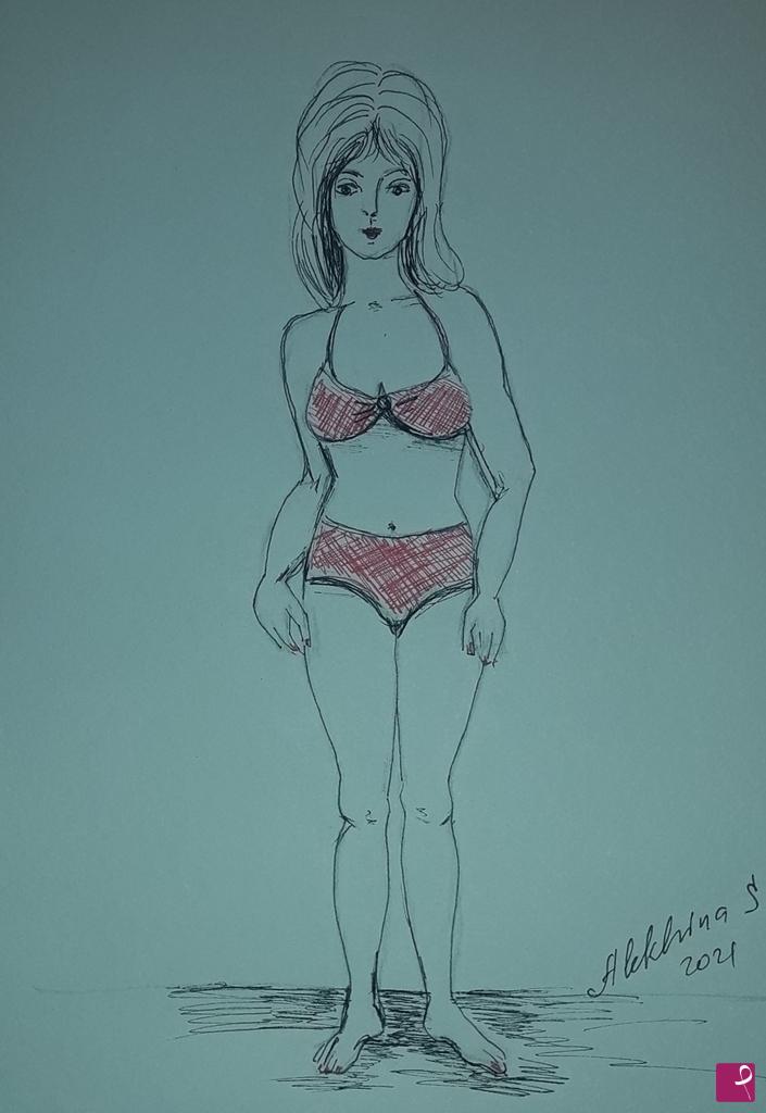 quadri in vendita online - Schizzo. Ragazza in costume rosso