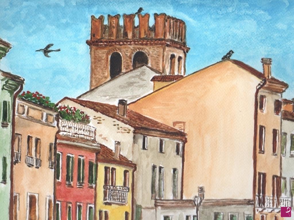 quadri in vendita online - Scorcio con torre dell’orologio - Lendinara