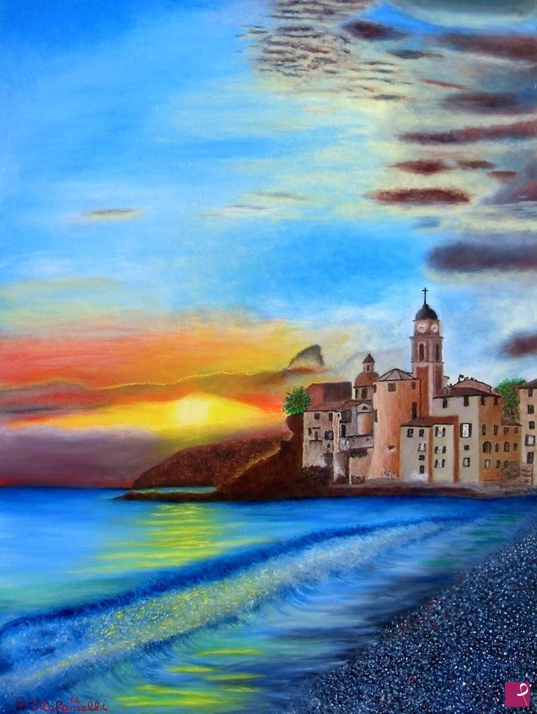 quadri in vendita online - Scorcio di Camogli al tramonto