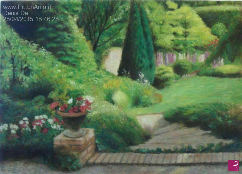 quadri in vendita online - Scorcio di giardino con vaso di fiori