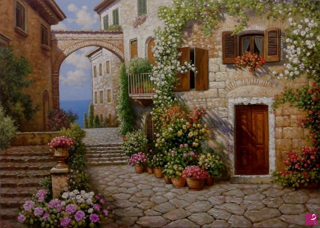 quadri in vendita online - Scorcio di paese 