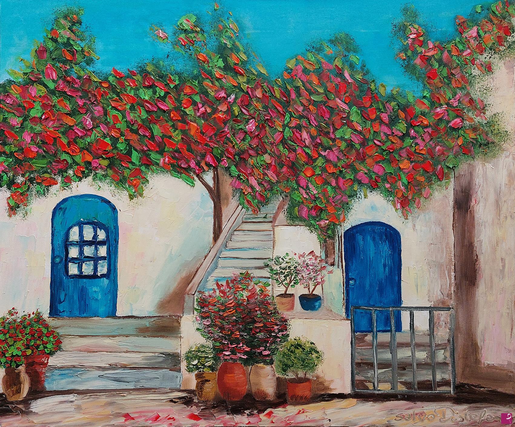 quadri in vendita online - Scorcio Fiorito Santorini