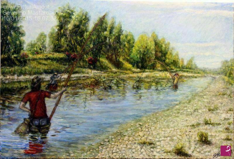 quadri in vendita online - Scrivia, pesca col bilancino