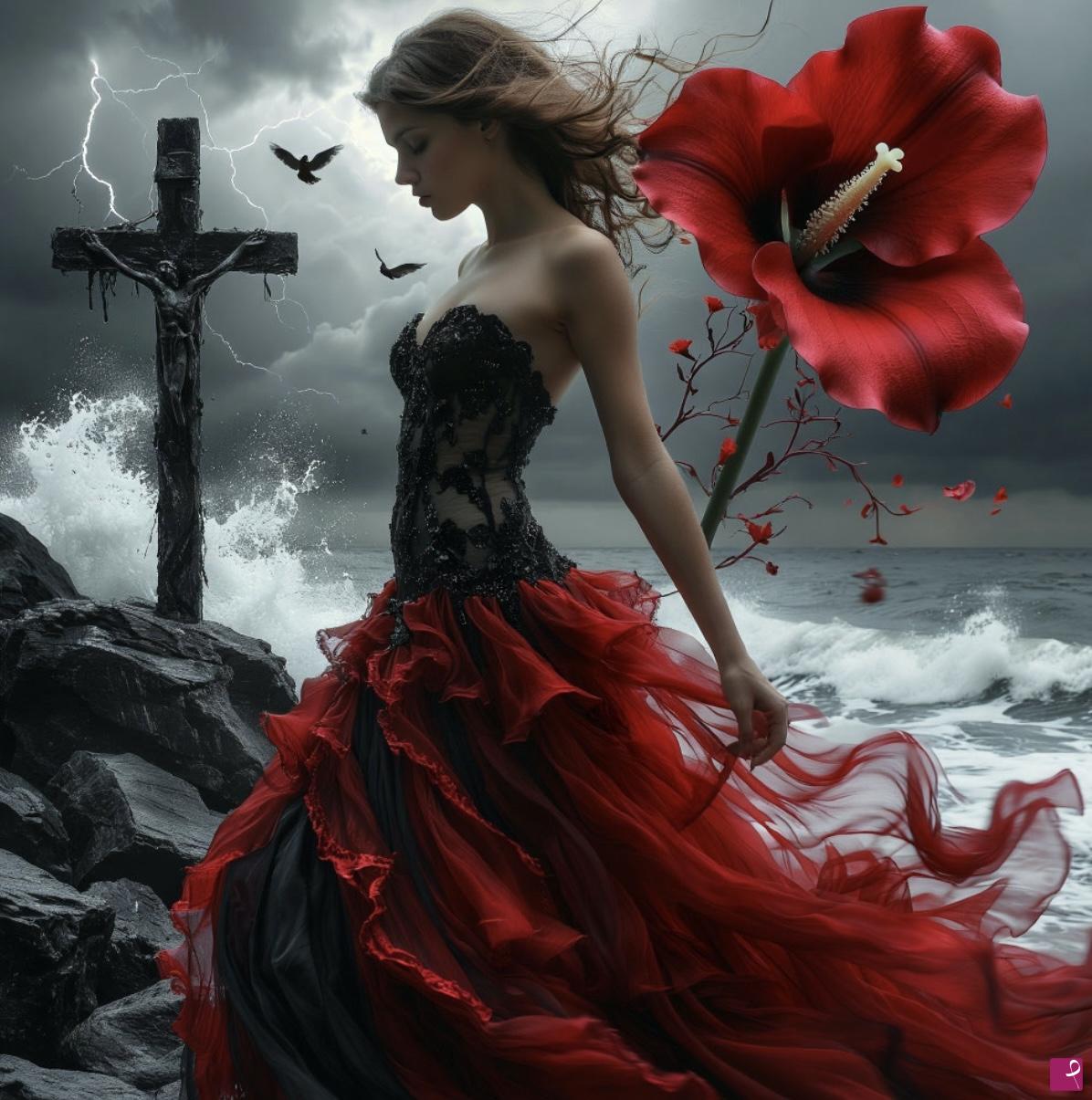 quadri in vendita online - Sea, girl, flower 