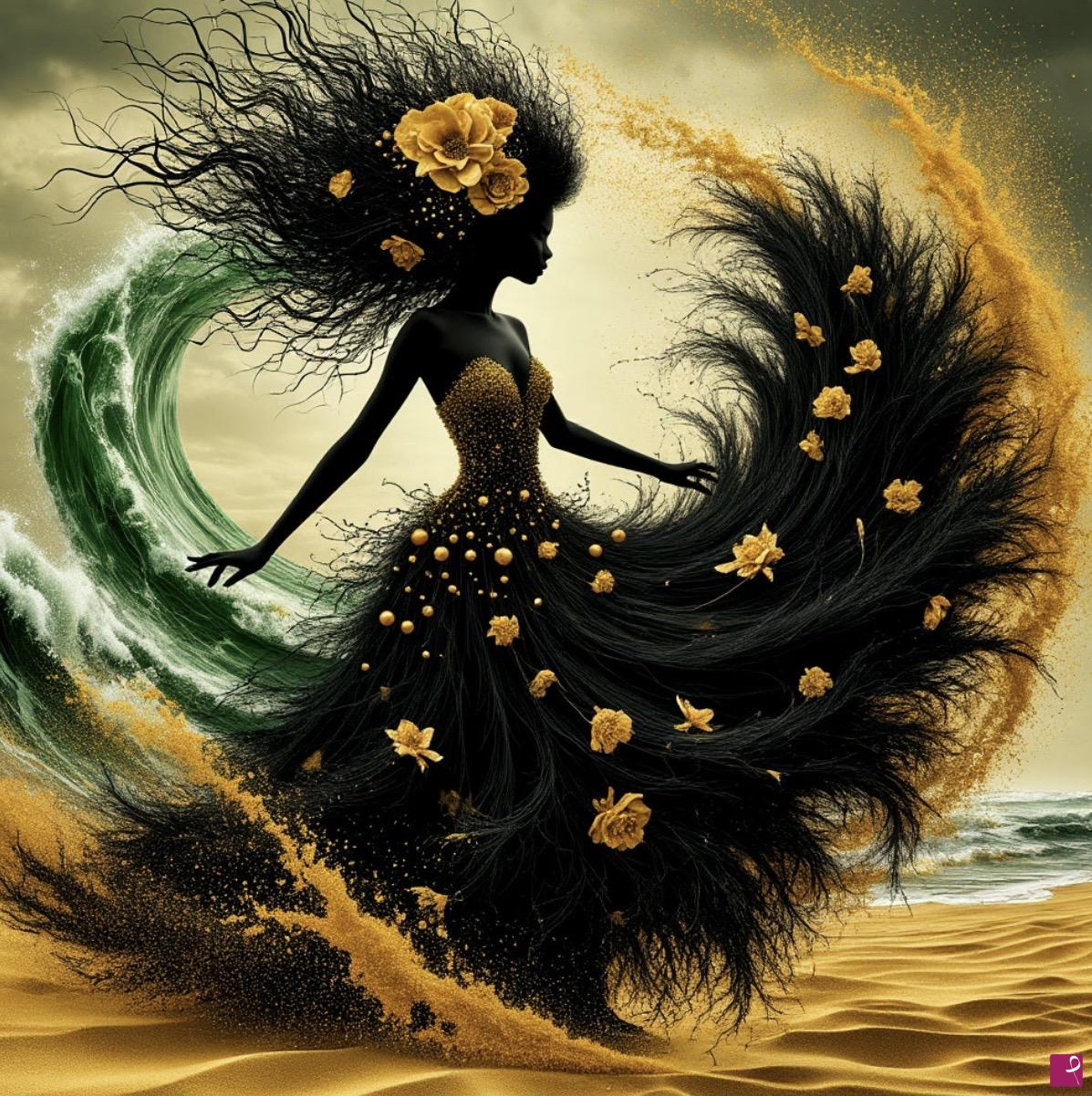 quadri in vendita online - Sea waves and girl with flowers 