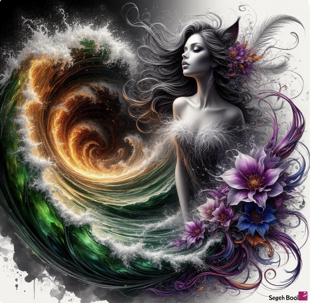 quadri in vendita online - Sea waves, flowers and girl 