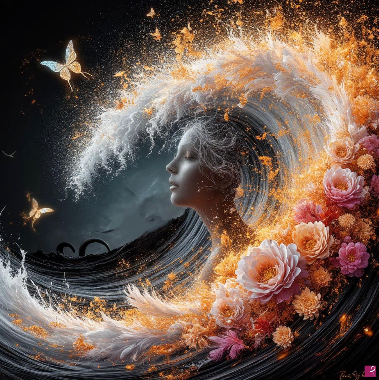 quadri in vendita online - Sea waves from flower and girl 
