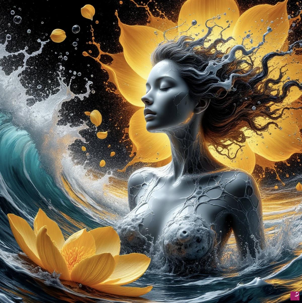 quadri in vendita online - Sea waves, girl and yellow flower