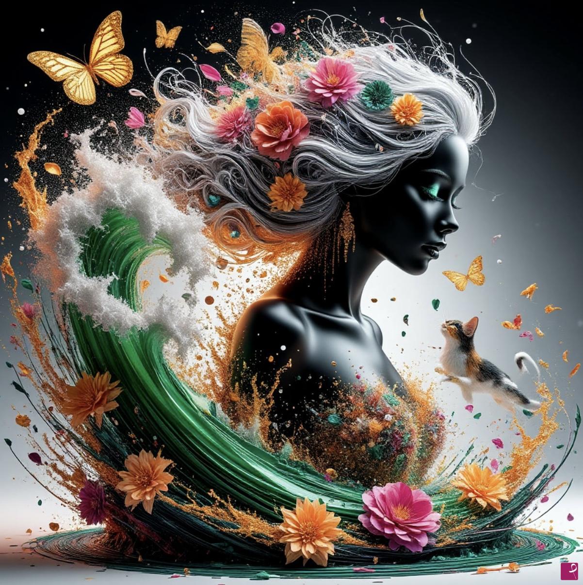 quadri in vendita online - Sea waves, girl, cat, butterfly 