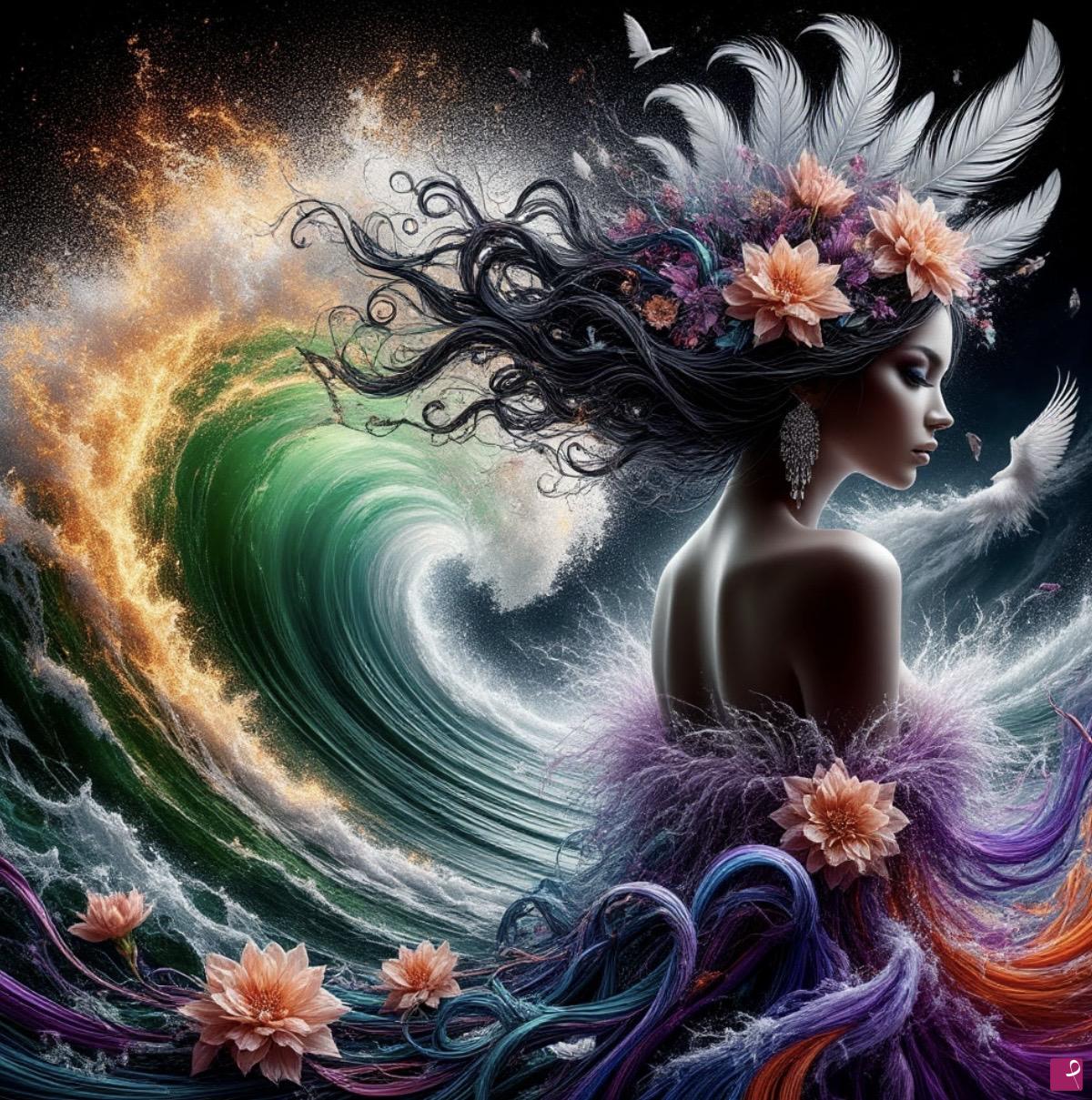 quadri in vendita online - Sea waves, woman and flowers in head