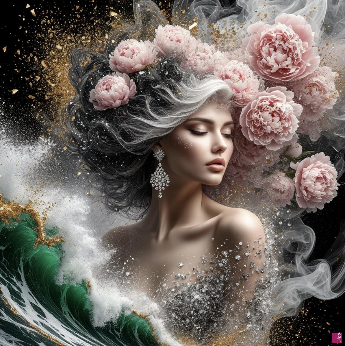 quadri in vendita online - Sea waves, woman with flowers in head