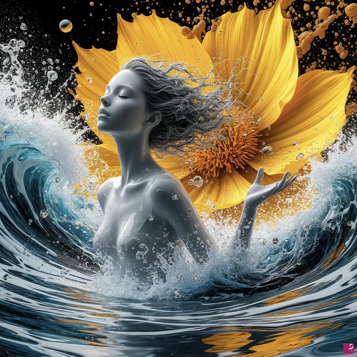 quadri in vendita online - Sea waves, yellow flower and girl 