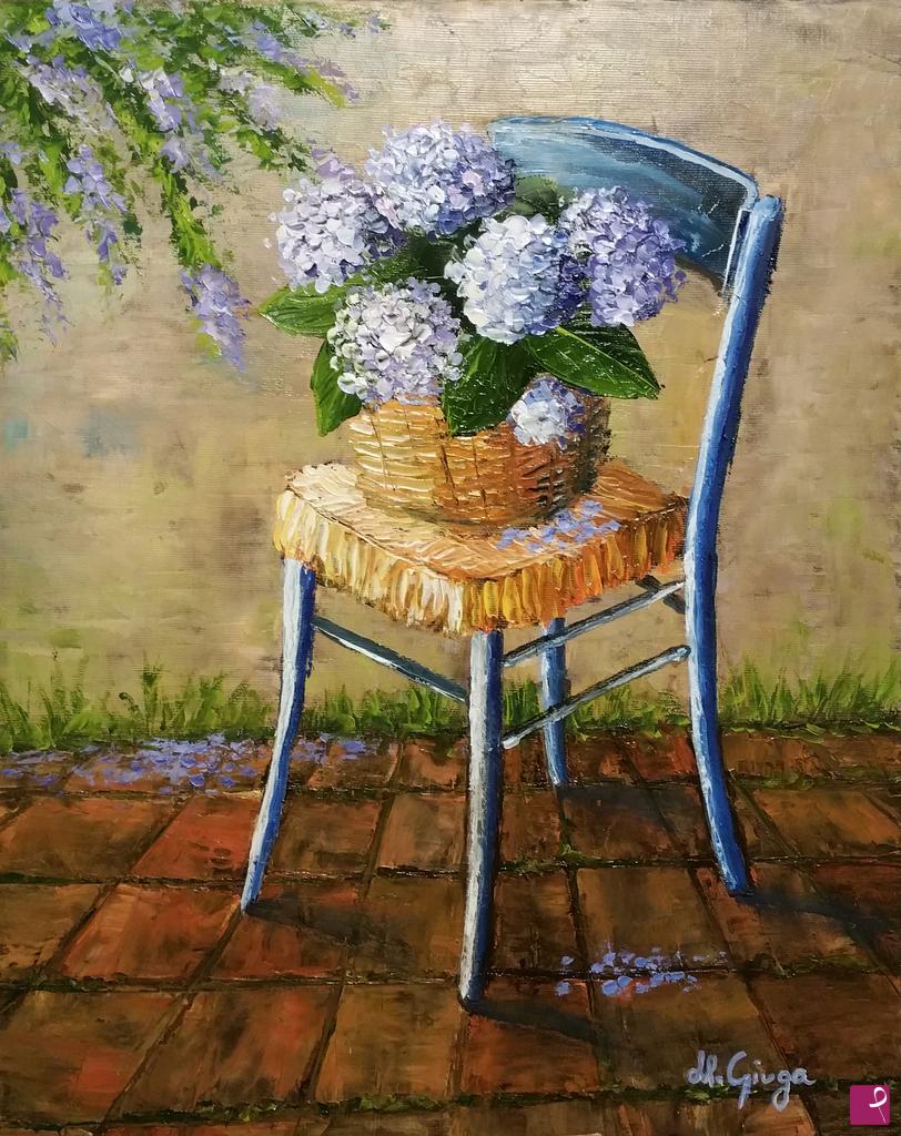 quadri in vendita online - Sedia con ortensie