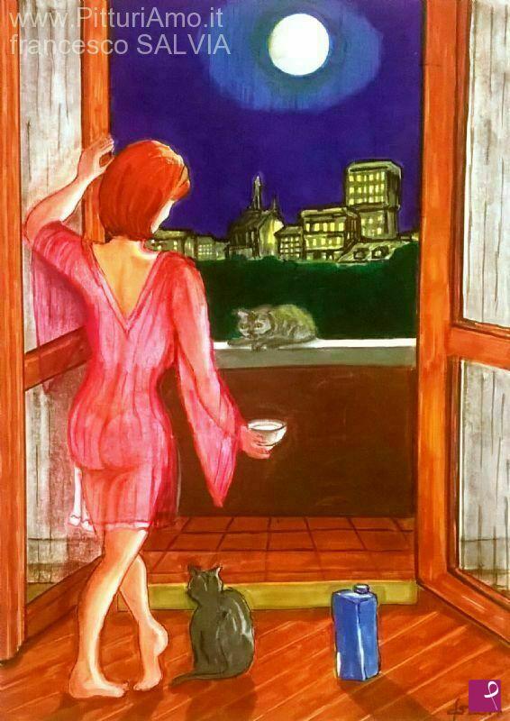 quadri in vendita online - selene and her cats in moonlight shadow