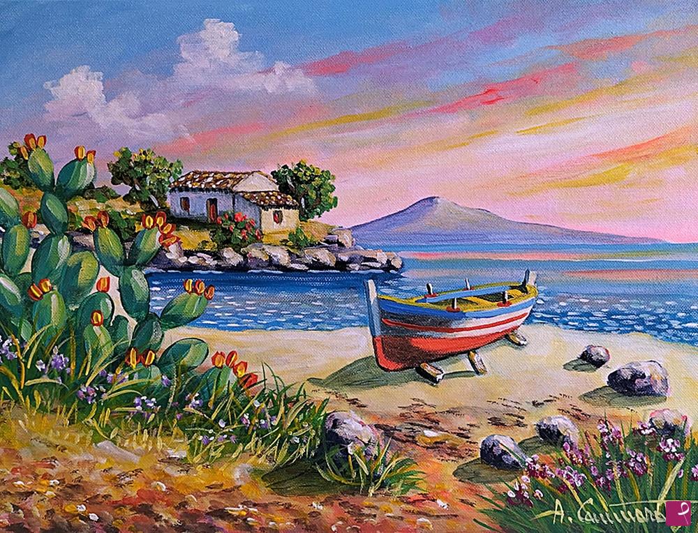 quadri in vendita online - Sera al mare - www.paesaggicammarata.it