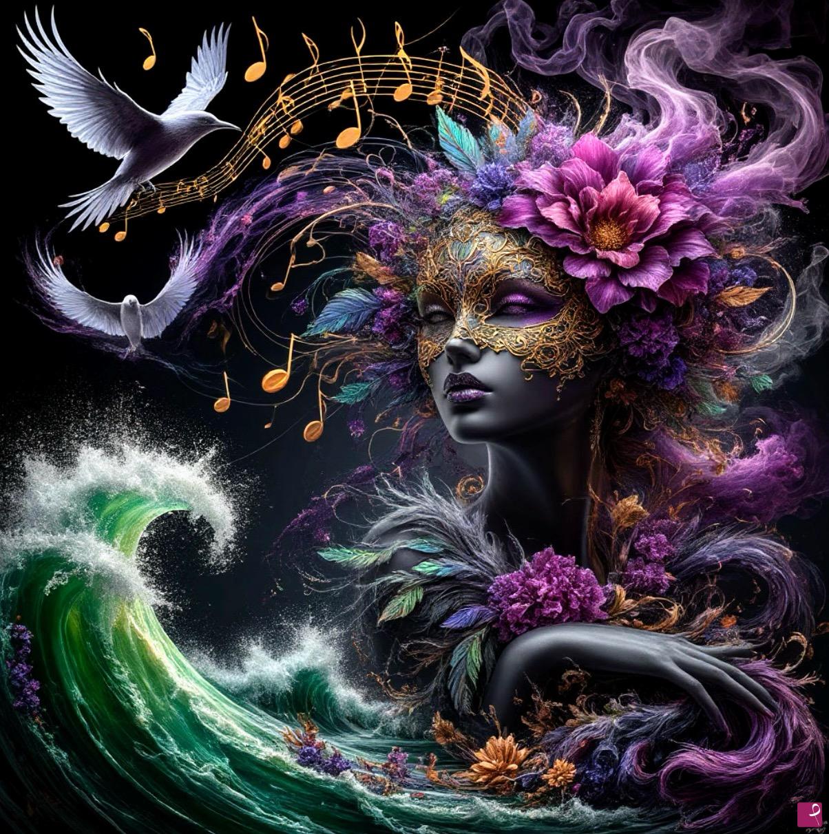 quadri in vendita online - Sheet music, girl in mask,bird