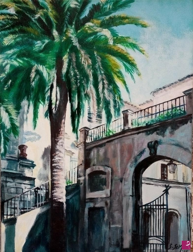 quadri in vendita online - Sicilia. Cortile di un palazzo nobiliare. 