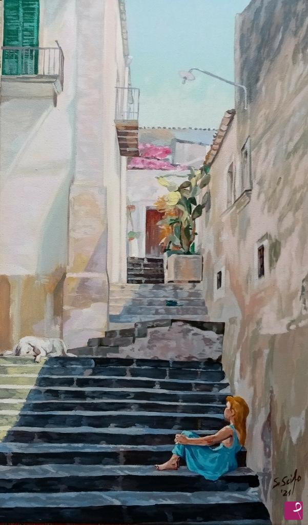 quadri in vendita online - Sicilia, vicolo di quartiere. 