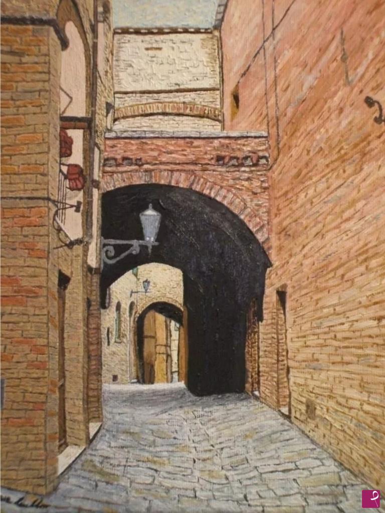 quadri in vendita online - Siena.  Eppure lo sento, l'echeggiare dei passi sulla nuda pietra, il vociare dei mercanti di piazza in questi vicoli di storia. Non sono solo, siete voi che non li vedete. 