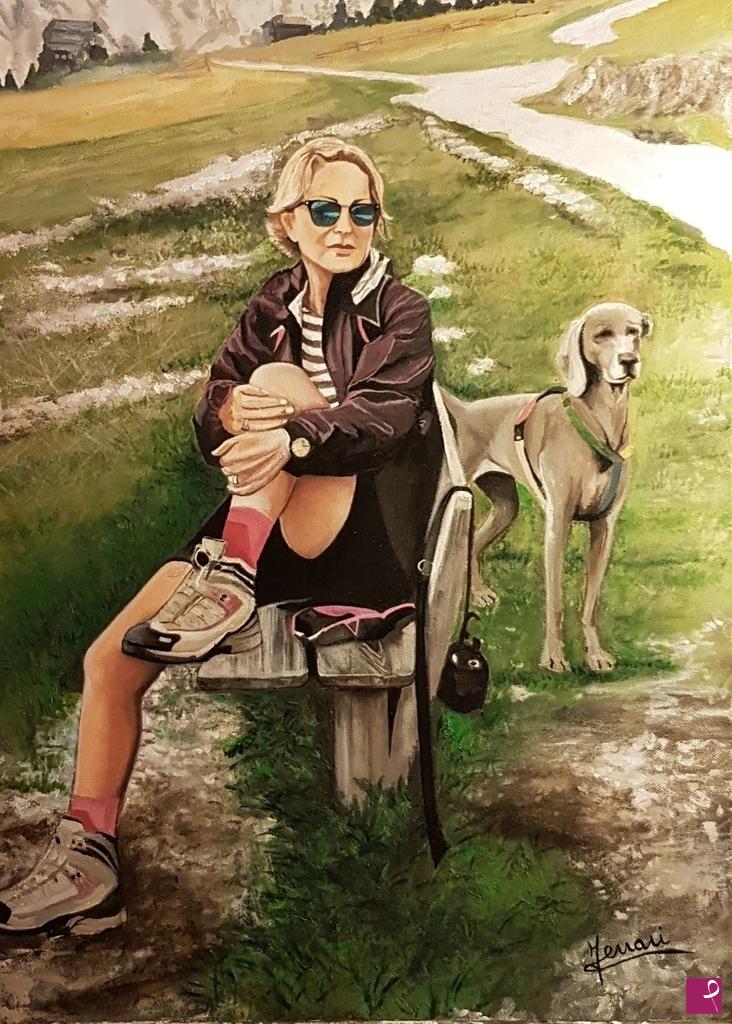 quadri in vendita online - "SIMONETTA E BROOKLYN" PASSEGGIATA IN MONTAGNA 