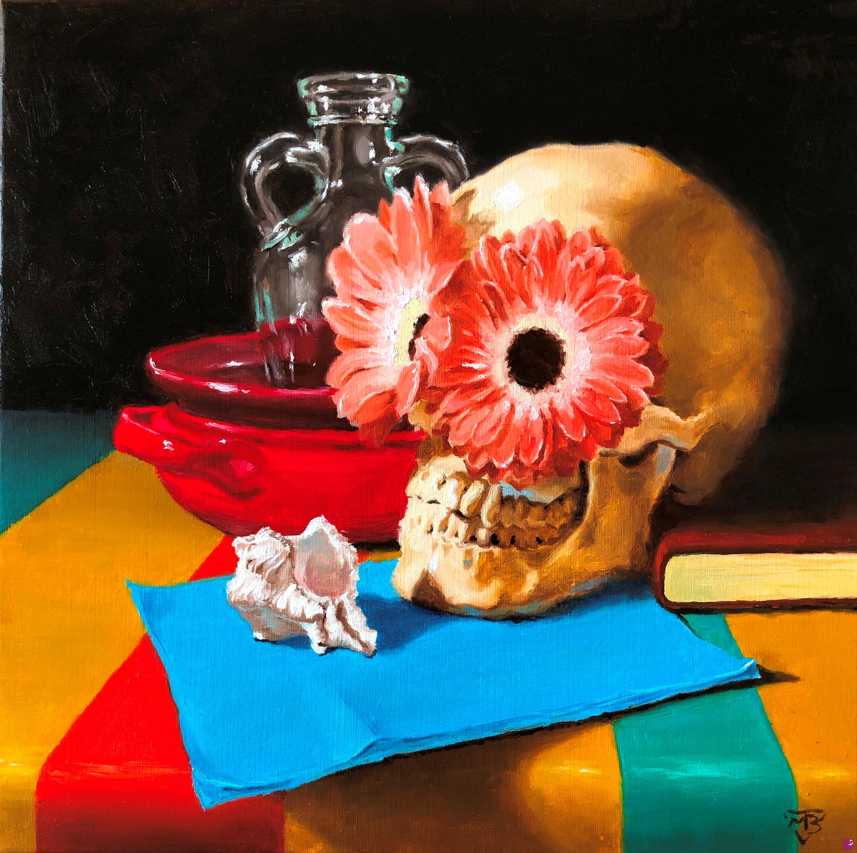 quadri in vendita online - Skull with flowers and shell