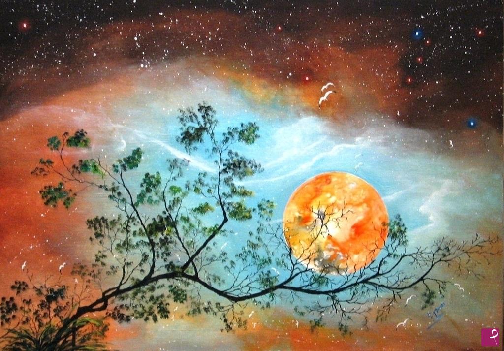 quadri in vendita online - Sky  Earth series The Moon red mixed media on table 100 x 70 By Anna Grossi