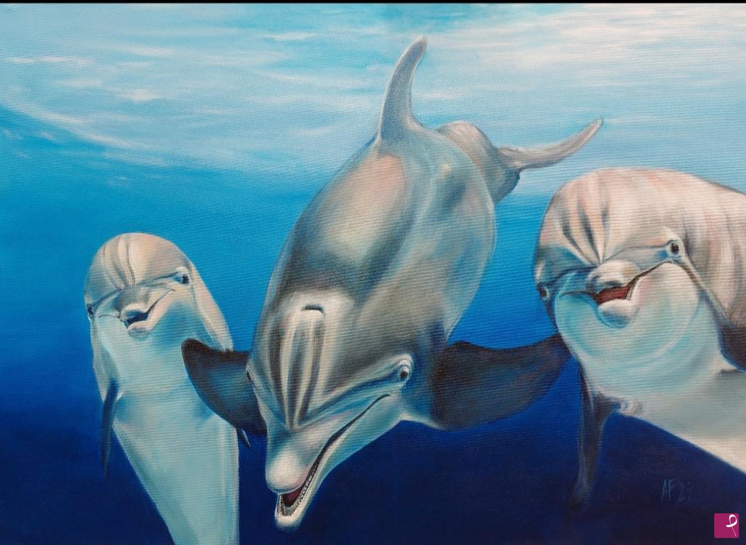 quadri in vendita online - Smiling sea - Tre delfini fanno sorridere il mare