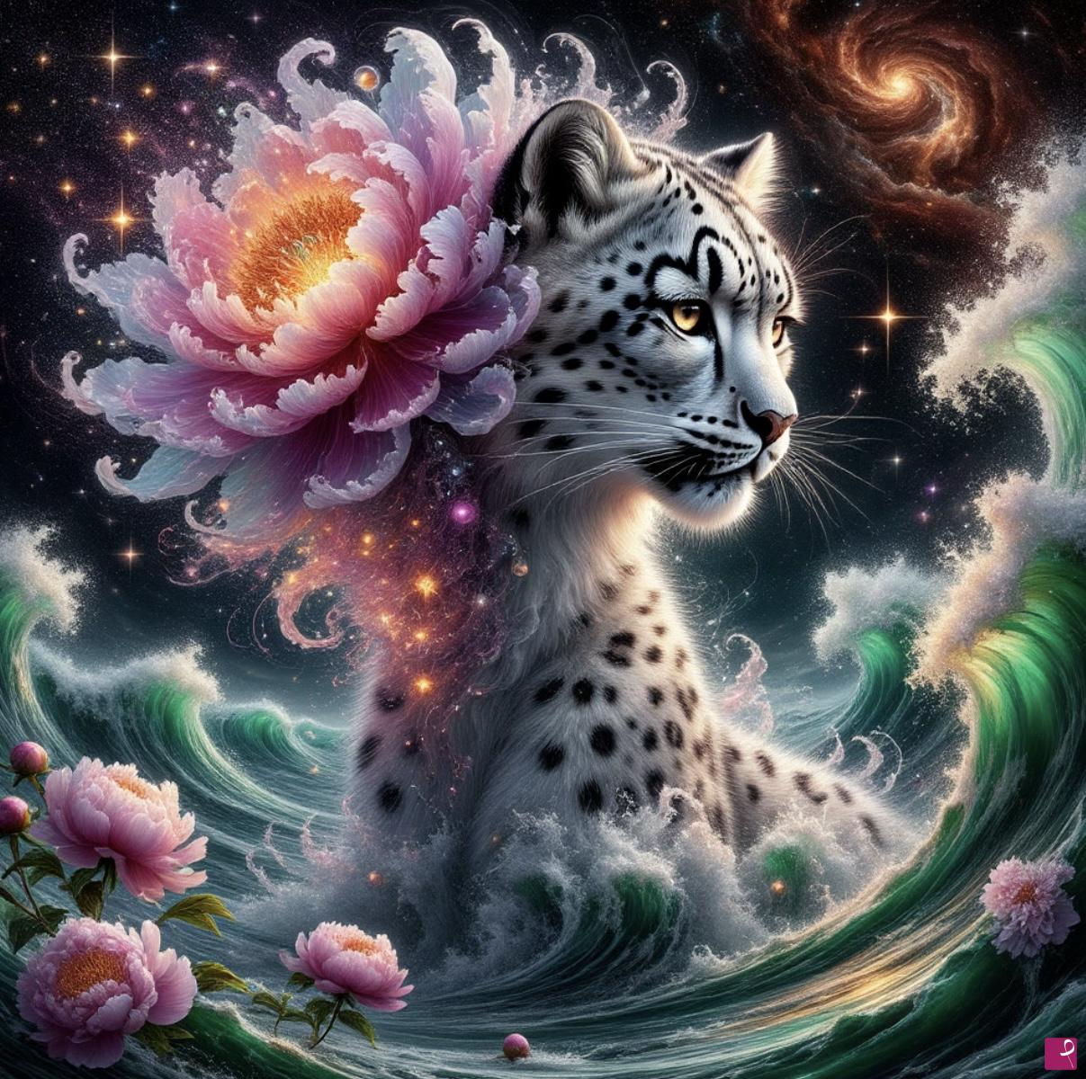 quadri in vendita online - Snow leopard in sea waves 