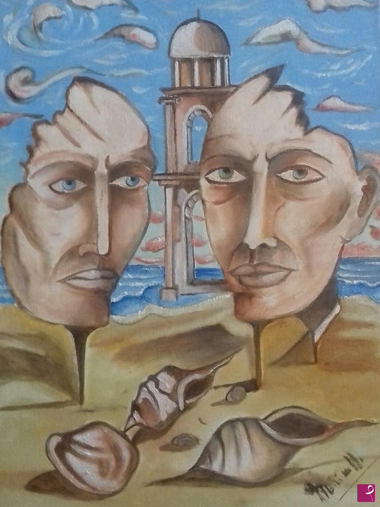 quadri in vendita online - Sogno metafisico di due poeti in riva al mare