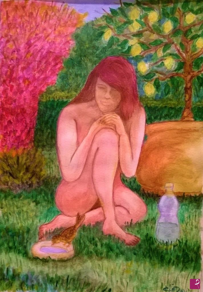 quadri in vendita online - sola in giardino con l'uccellino