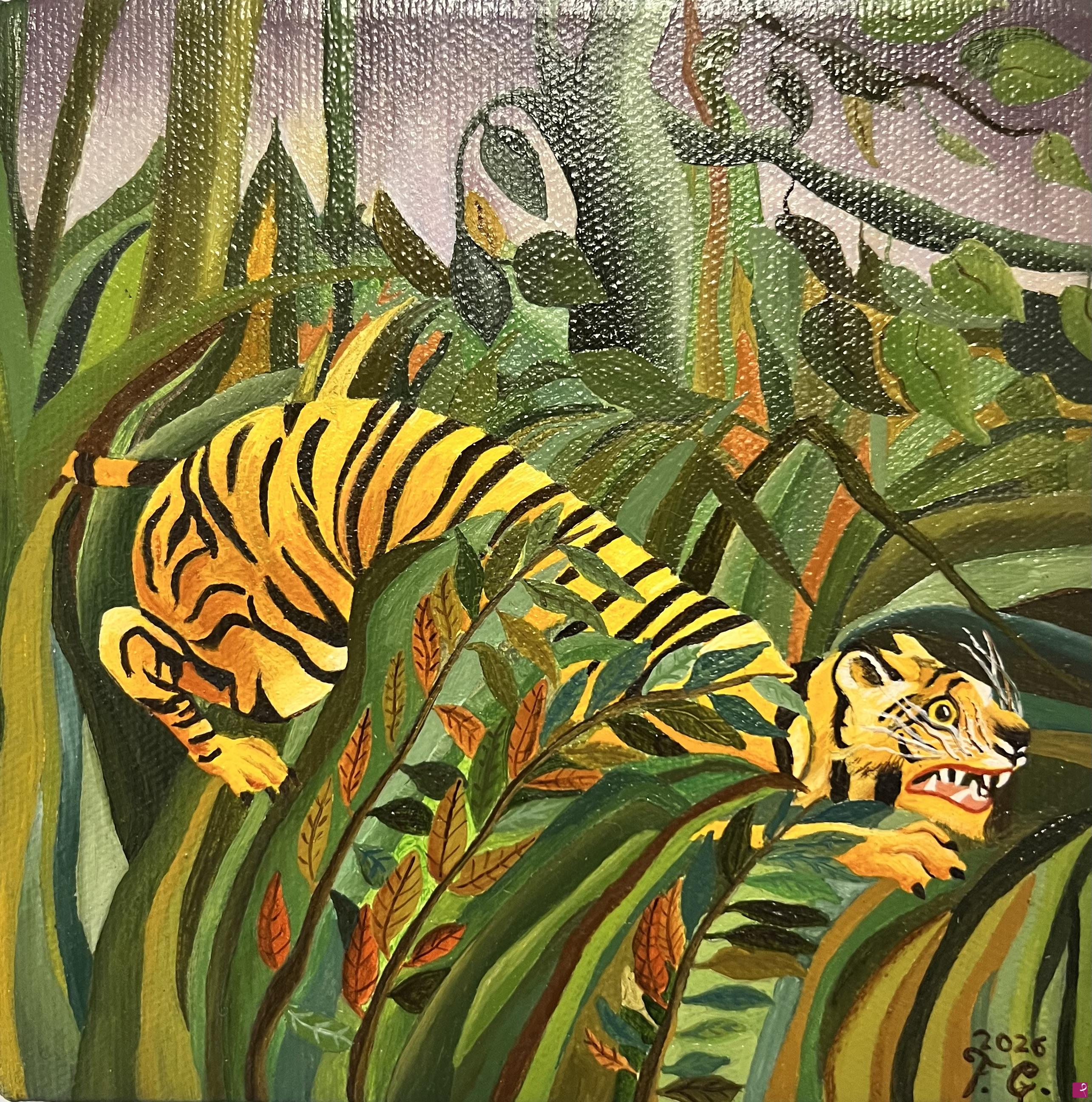 quadri in vendita online - “Sorpresa - Tigre in una Tempesta Tropicale”, Copia da Henri Rousseau 