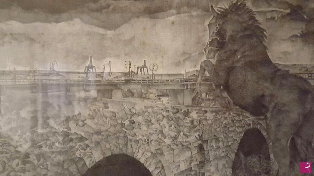 quadri in vendita online - stalone turritano che salta come ostacolo il ponte romano