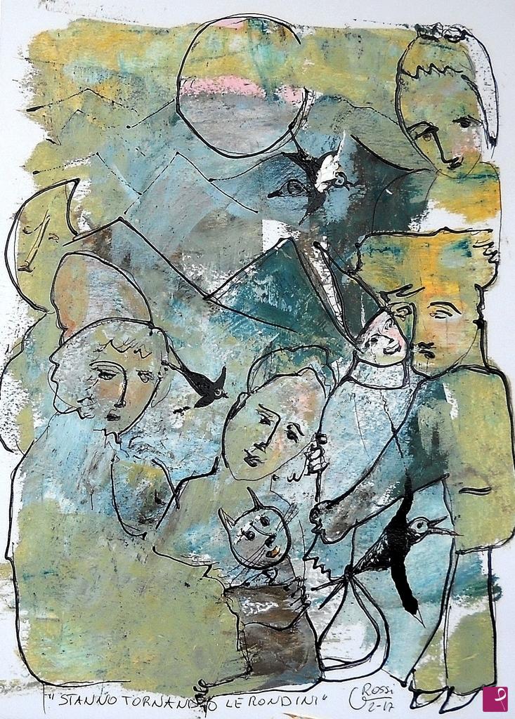 quadri in vendita online - " Stanno tornando le rondini" 24x33 cm tecnica mista su carta.Pezzo unico