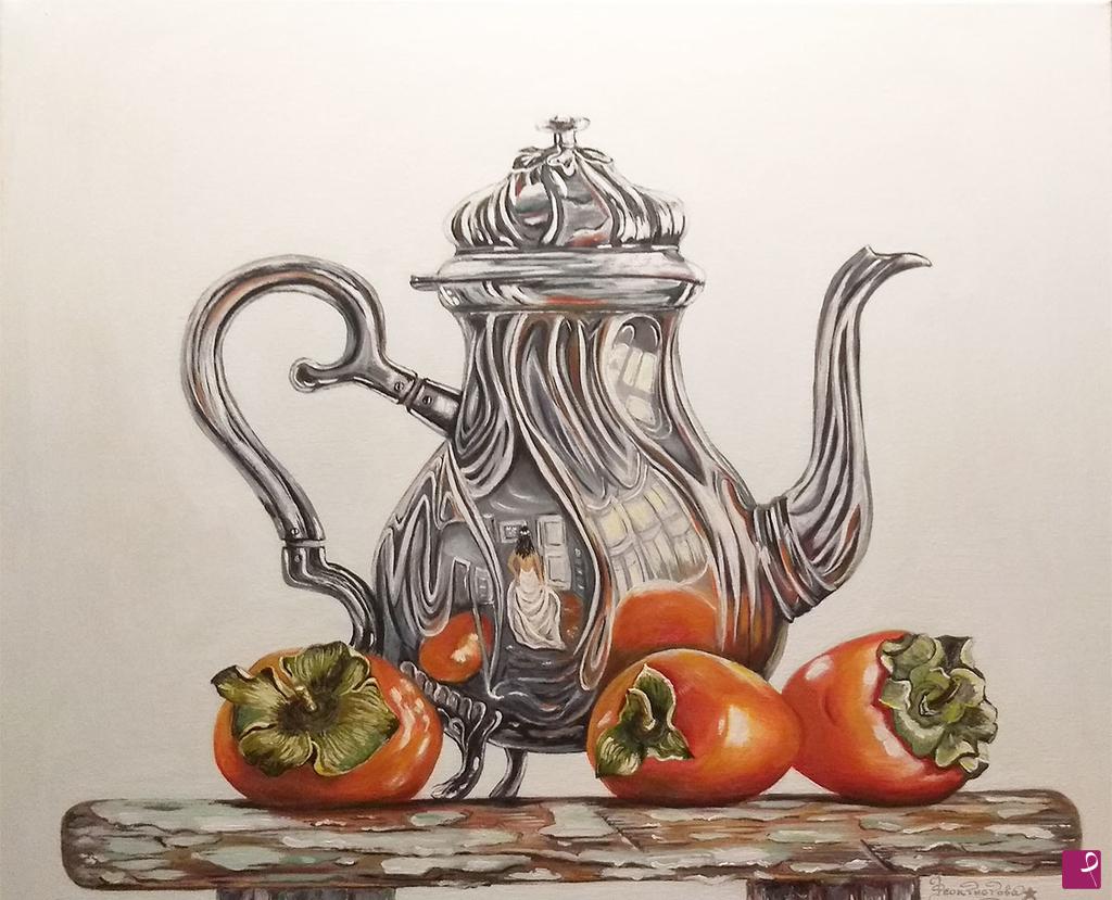 quadri in vendita online - Still life with a jug and persimmon