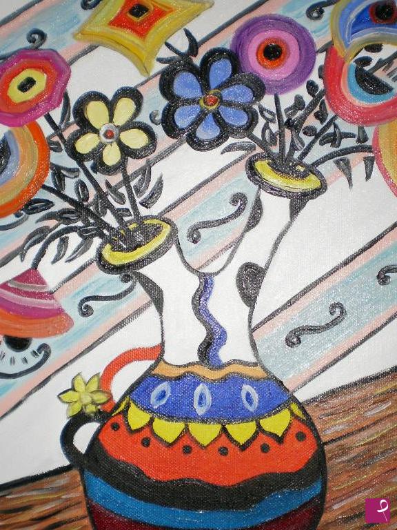quadri in vendita online - Strange pot with geometric flowers