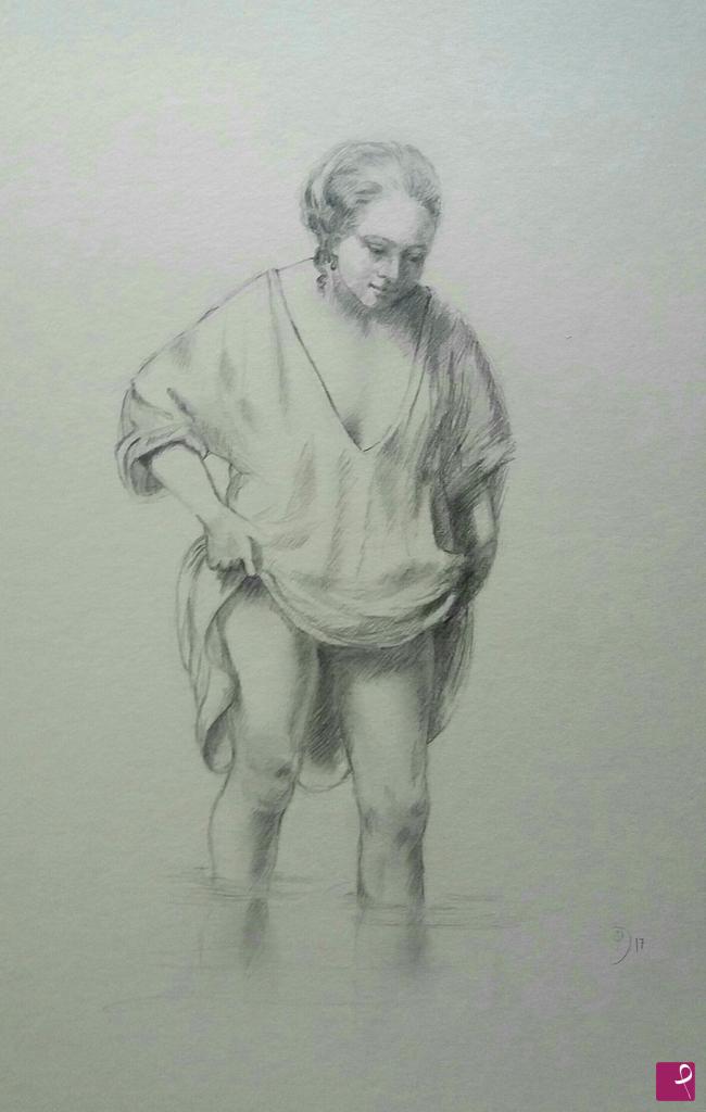 quadri in vendita online - Studio a matita dell'opera di Rembrandt "Giovane che si bagna in un ruscello".