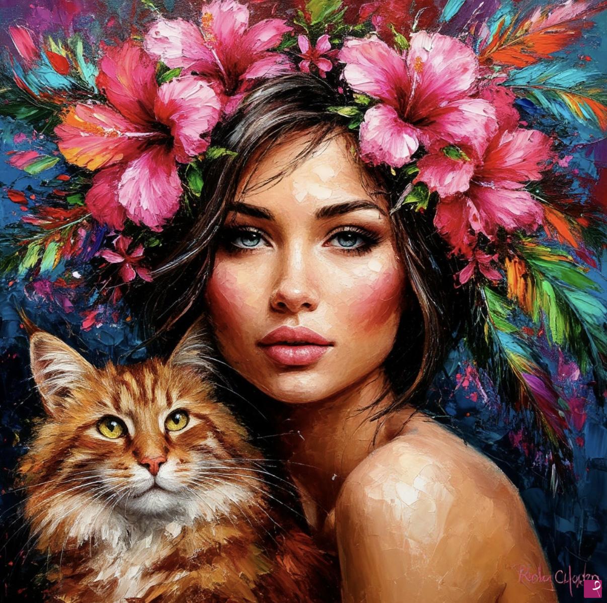quadri in vendita online - Summer girl and her cat
