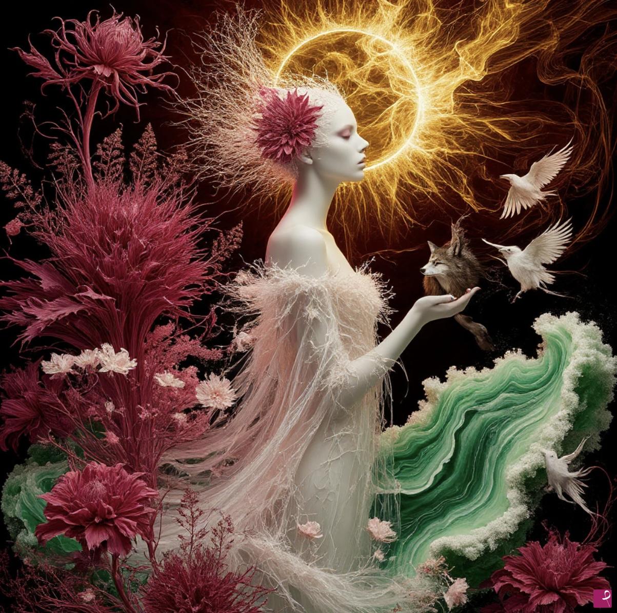 quadri in vendita online - Sun rise, girl, birds and many flowers 