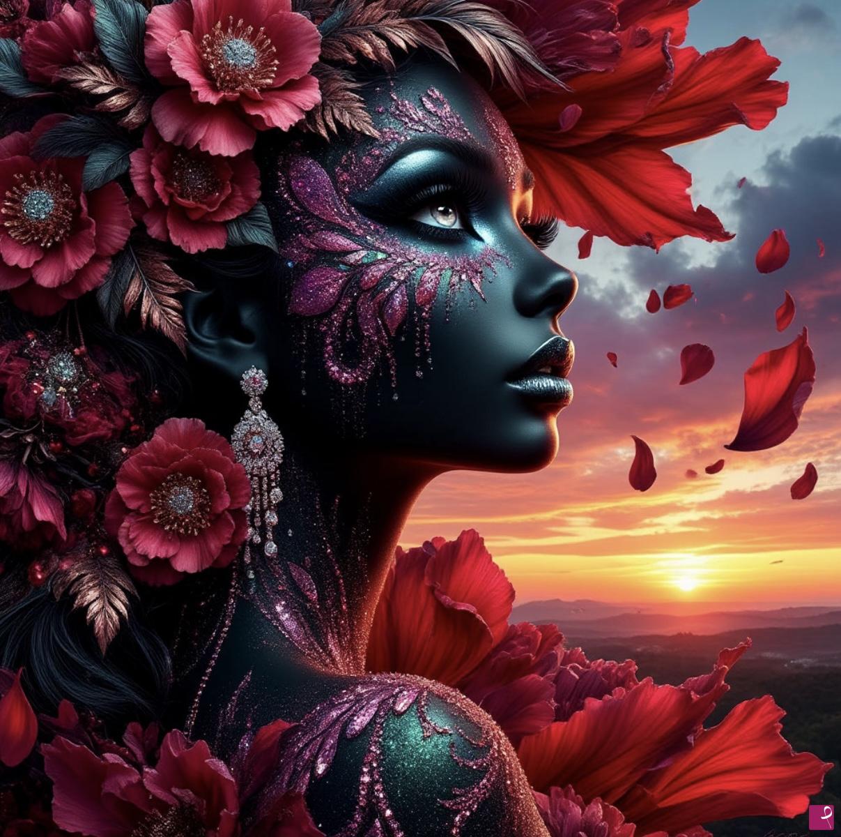quadri in vendita online - Sunrise, girl and flowers 