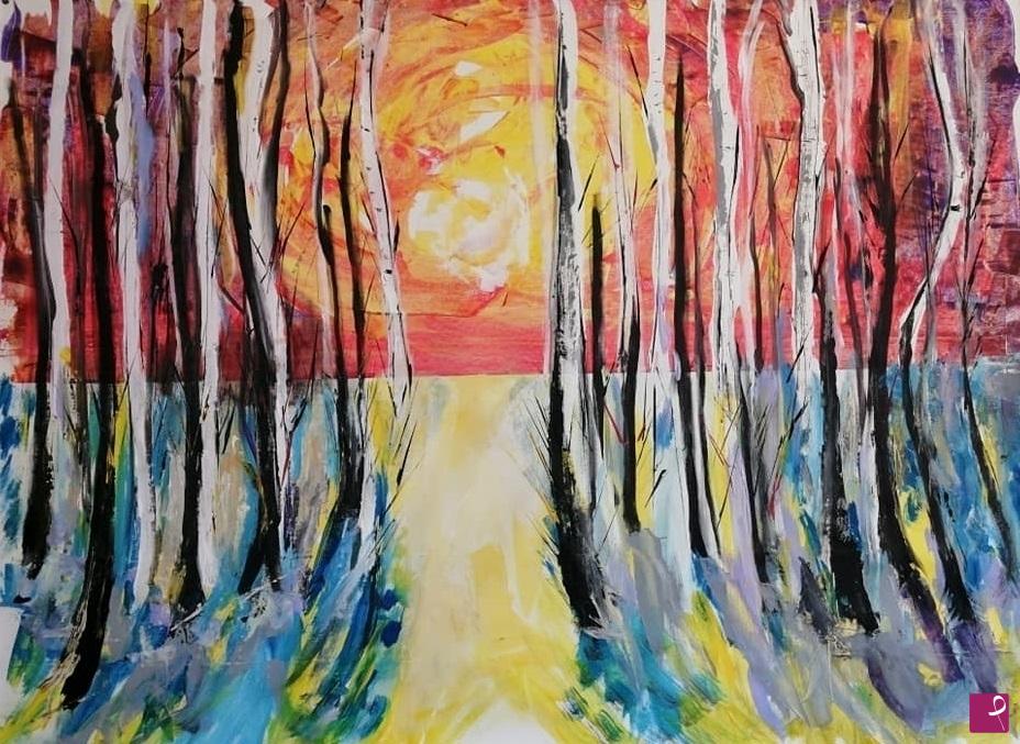 quadri in vendita online - Sunset Forest dipinto astratto paesaggio grande tela 150 x 120 Lovisi Valter 2021