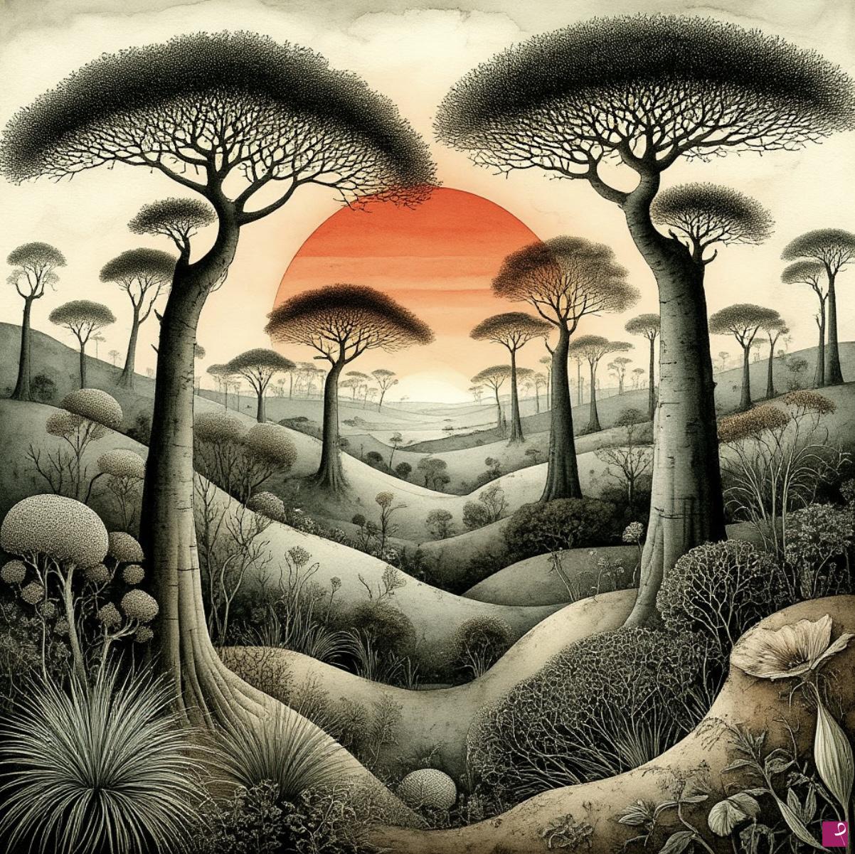 quadri in vendita online - Sunset in the baobab forest 