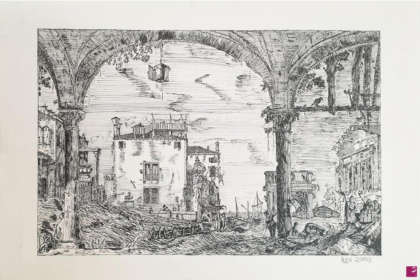 quadri in vendita online - 'Sussurri Grafici: Dialogo con Canaletto'