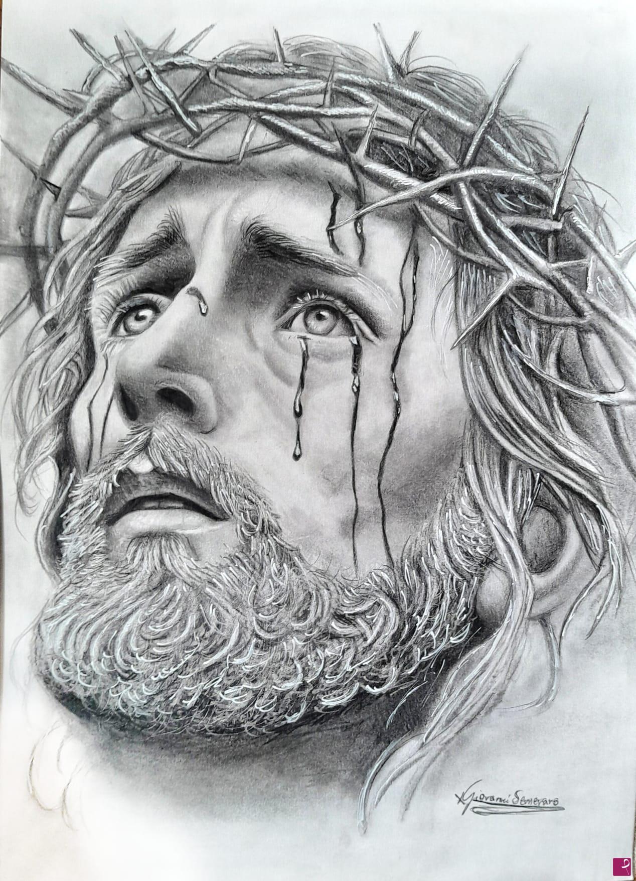 quadri in vendita online - Tears of Redemption - Large Hyperrealist Graphite Drawing of Christ