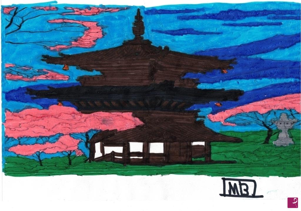 quadri in vendita online - Tempio  Shitoista con sakura in fiore