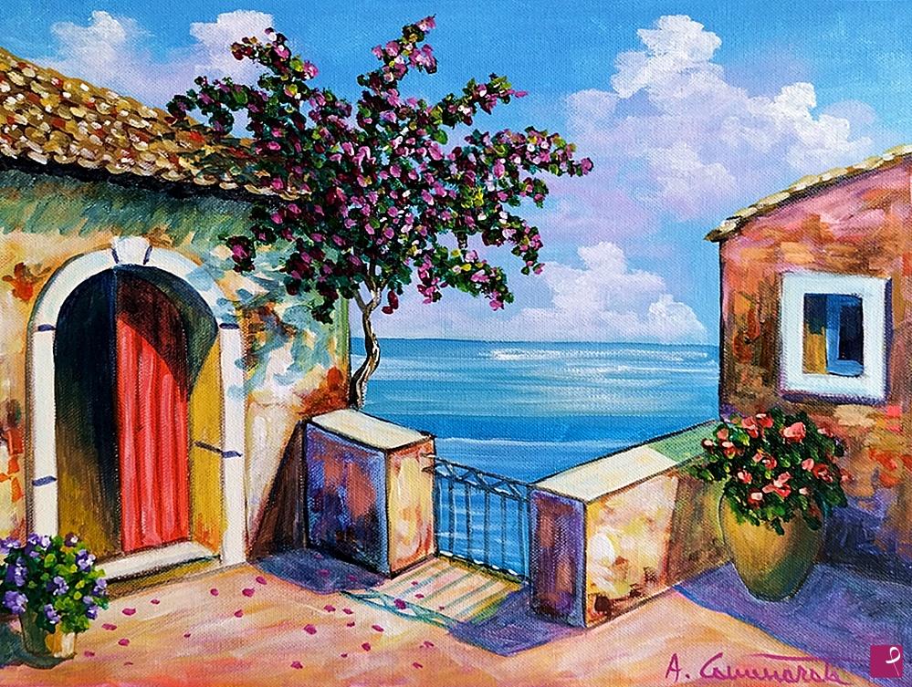 quadri in vendita online - Terrazza con bouganville
