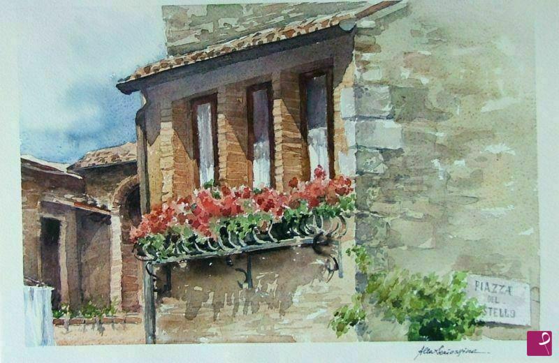 quadri in vendita online - Terrazza fiorita a Montemerano